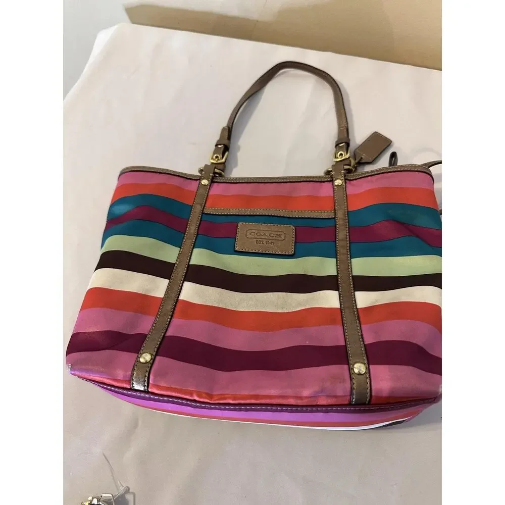 VTG Coach Tote Bag Medium Multicolor Satin Stripe Shoulder Zip Leather Trim Y2K